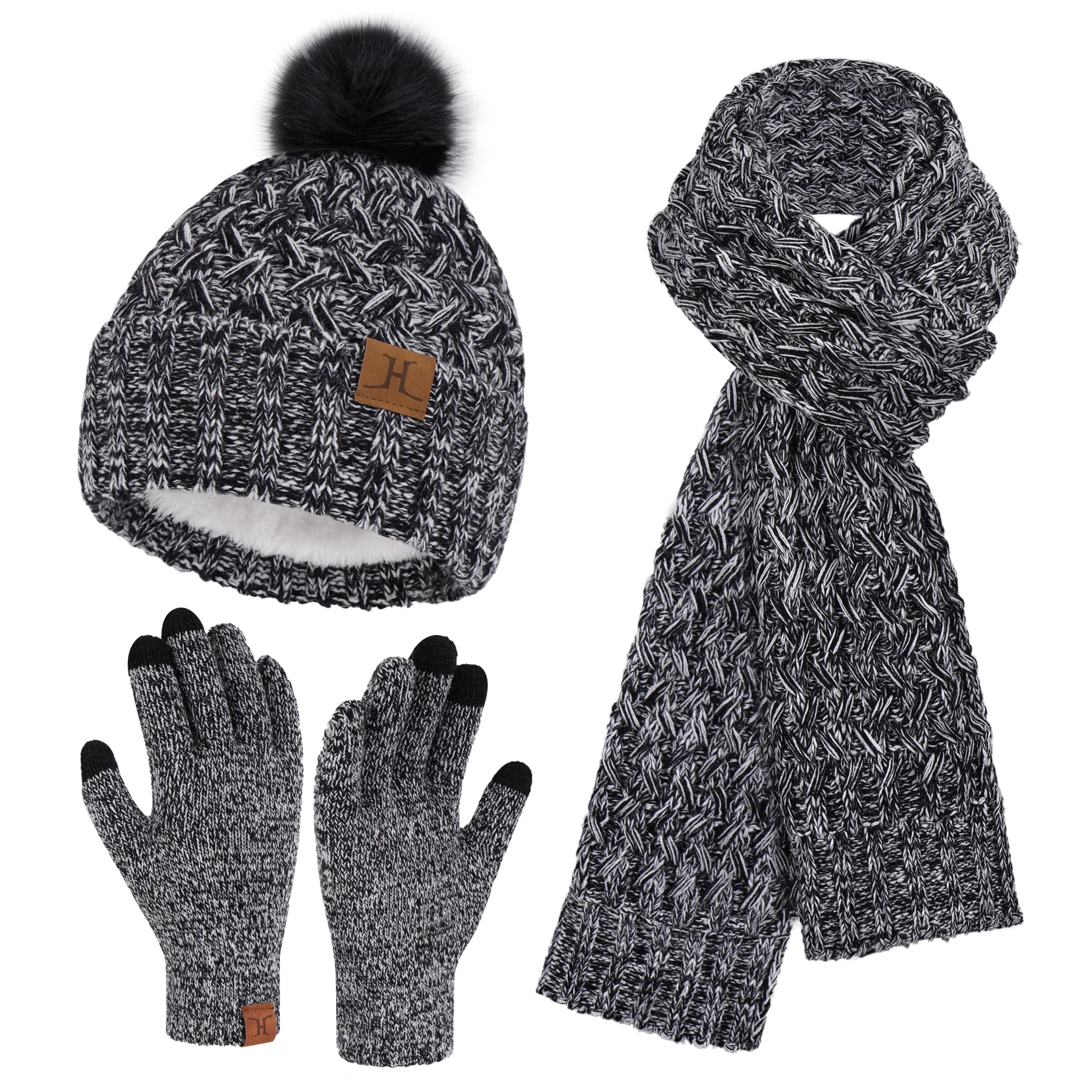 Womens Winter Beanie Hat Touchscreen Gloves Long Neck Scarf Set Warm Knit Caps with Pom Fleece Gifts for Women